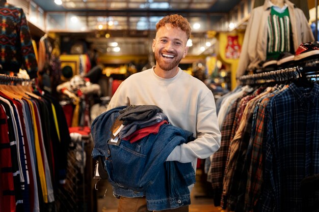 Uomo sorridente che tiene i vestiti vista frontale