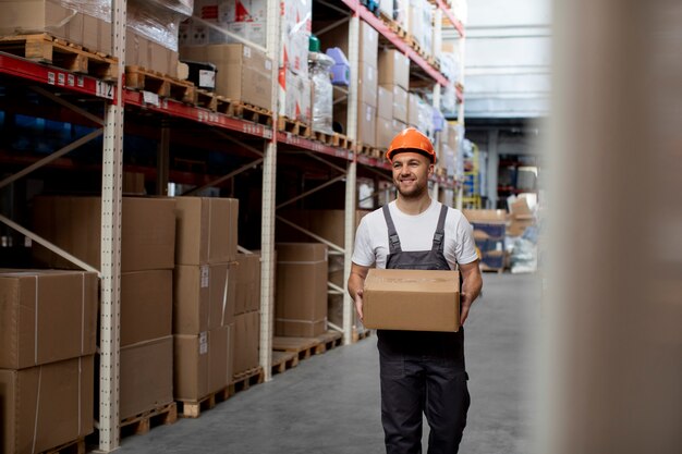 Uomo sorridente che trasporta la scatola, colpo medio