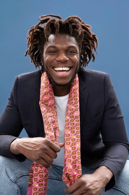 Uomo sorridente con tiro medio che indossa una sciarpa