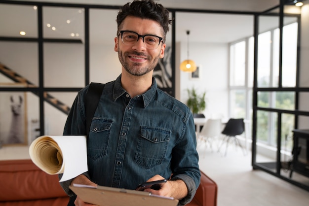 Uomo sorridente di vista frontale al lavoro