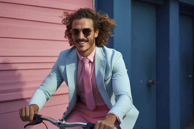 Uomo sorridente in posa con la sua bicicletta