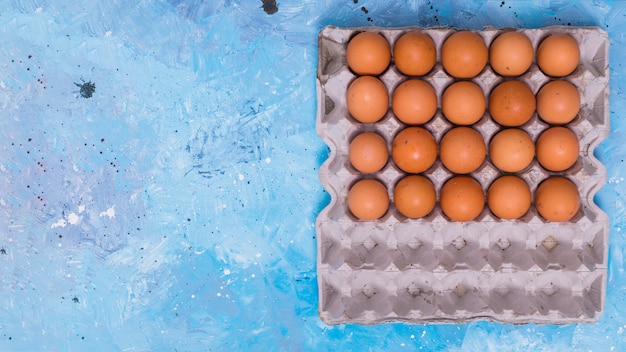 Uova di gallina marrone in rack sul tavolo