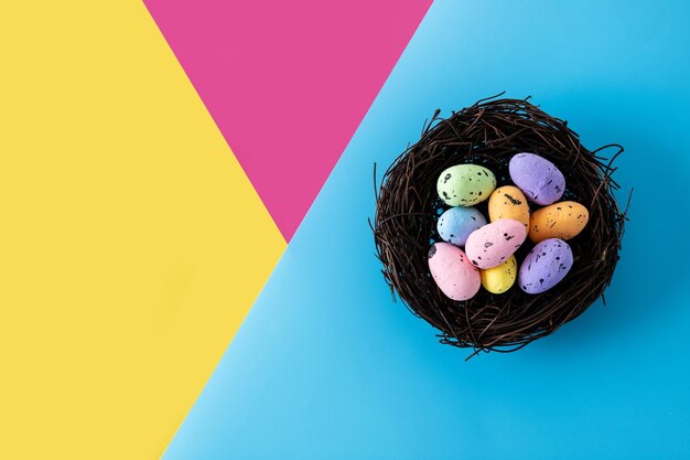 Uova di Pasqua colorate all'interno di un nido su sfondo colorato