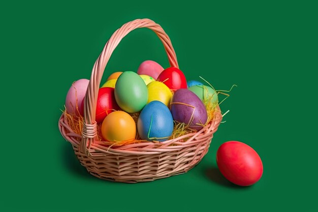 Uova di Pasqua colorate in un cesto e sfondo verde