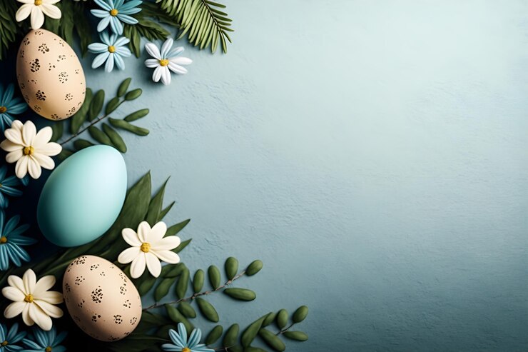 Uova di Pasqua con sfondo blu e fiori