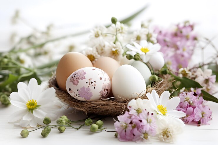 Uova di Pasqua in un nido con fiori a margherita e sfondo bianco