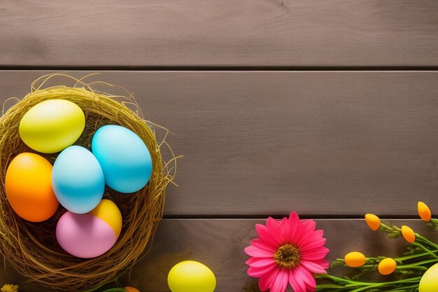 Uova di Pasqua in un nido con fiori su un tavolo di legno