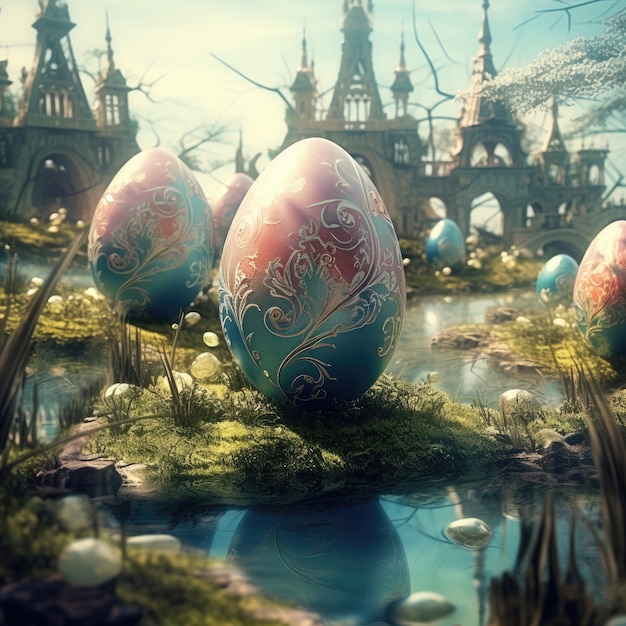 Uova di Pasqua surreali con paesaggi di mondo fantastico