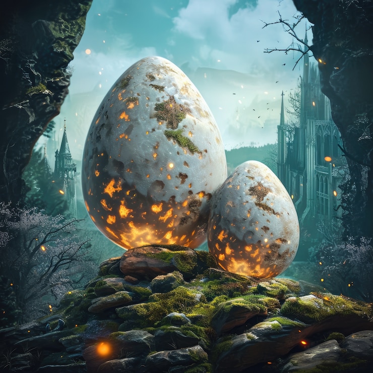 Foto gratuito uova di pasqua surreali con paesaggi fantastici