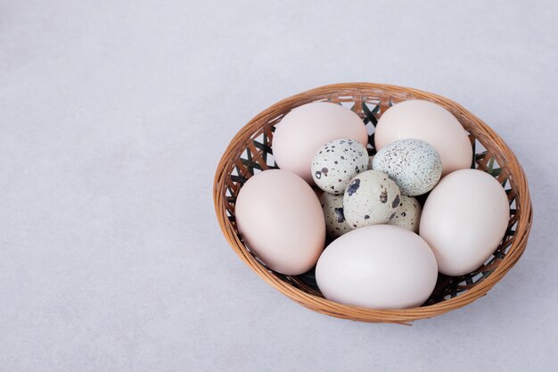 Uova di quaglia e uova di gallina in una ciotola sulla superficie bianca.