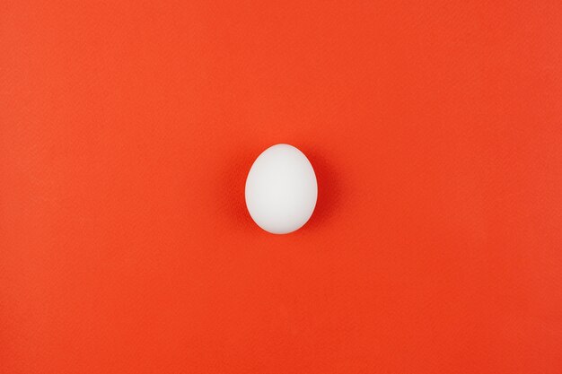 Uovo di gallina bianca sul tavolo rosso