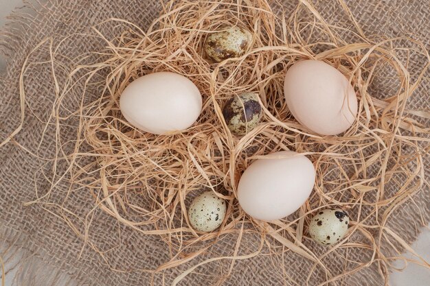 Uovo di gallina con uova di quaglia e fieno su tela di sacco.