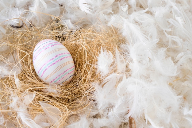 Uovo di Pasqua sul fieno tra un mucchio di piume