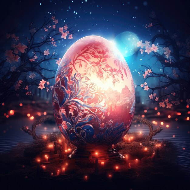Uovo di Pasqua surreale con paesaggio di mondo fantastico