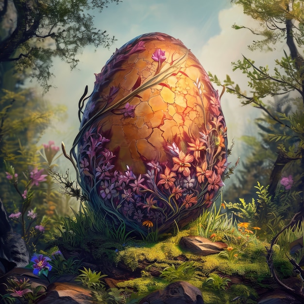Uovo di Pasqua surreale con paesaggio di mondo fantastico