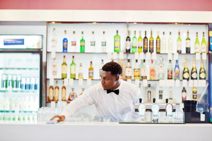 Foto gratuito usura del barista afroamericano sulla barra di pulizia del papillon