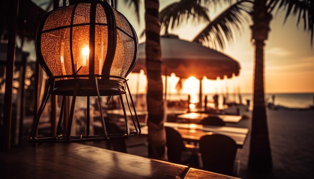 Vacanze di lusso in resort tropicali Le lanterne illuminano il tavolo generato dall'intelligenza artificiale