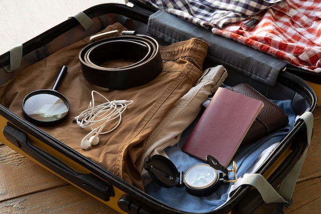 Valigia da viaggio e imballaggio dei preparativi