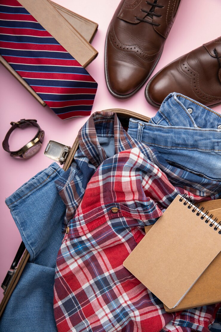 Foto gratuito valigia in pelle piena di scarpe e vestiti
