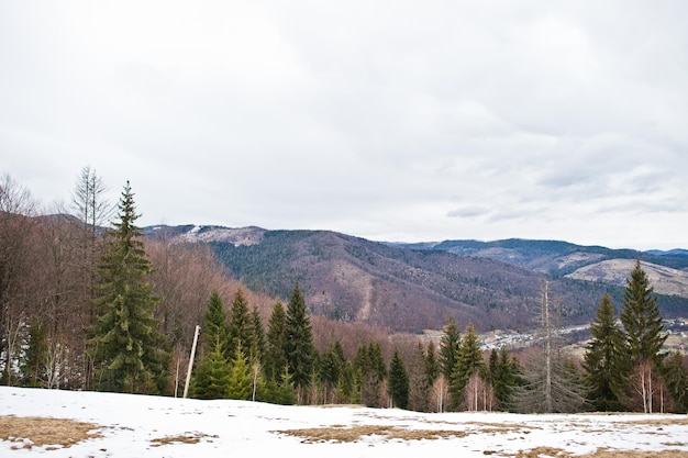 Valli di montagna innevate ai Carpazi Vista dei Carpazi ucraini e Yaremche dalla cima di Makovitsa