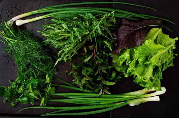 Varietà di erbe biologiche fresche (lattuga, rucola, aneto, menta, lattuga rossa e cipolla) in stile rustico. Vista dall'alto