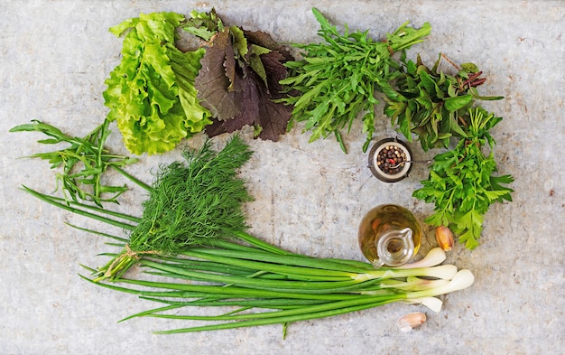 Varietà di erbe biologiche fresche (lattuga, rucola, aneto, menta, lattuga rossa e cipolla). Vista dall'alto