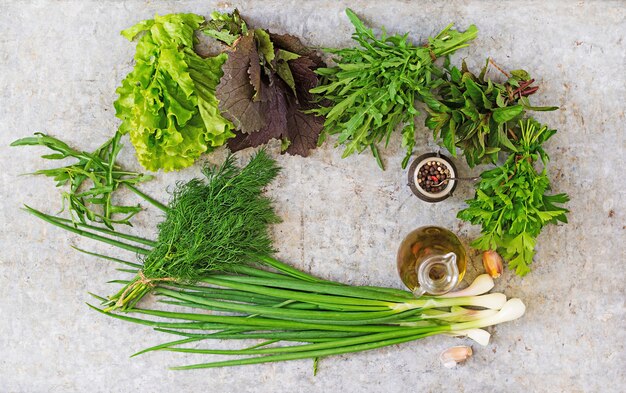 Varietà di erbe biologiche fresche (lattuga, rucola, aneto, menta, lattuga rossa e cipolla). Vista dall'alto