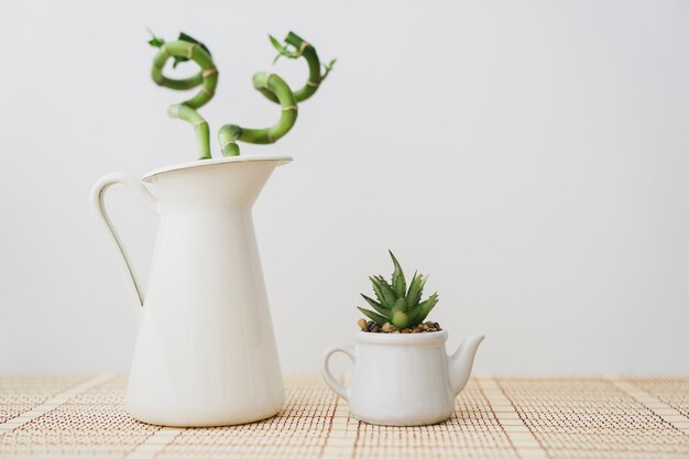 Vaso bianco con bambù e vaso di fiori