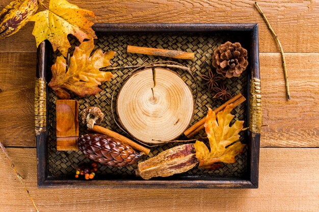 Vassoio con foglie secche e decorazione autunnale di coni