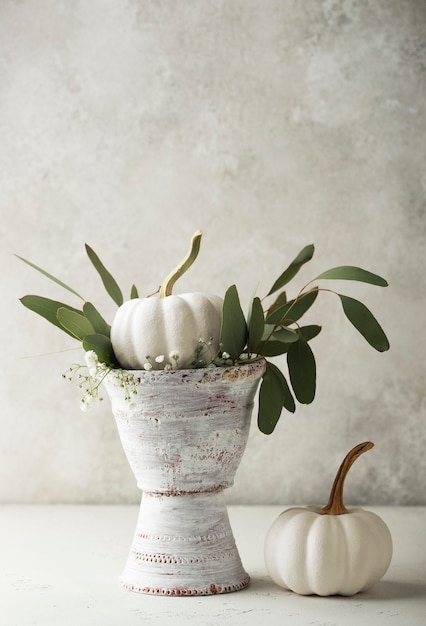 Vecchia pentola con zucca bianca e foglie verdi