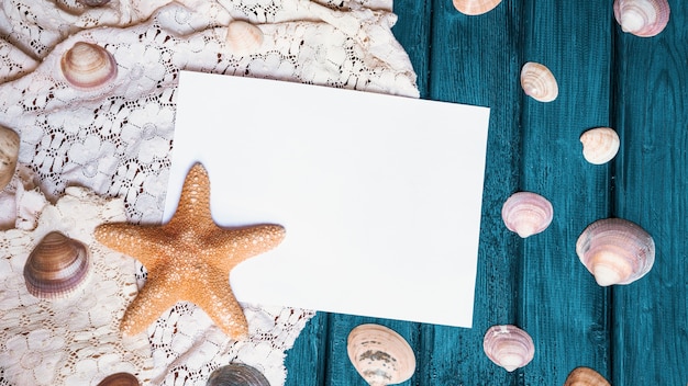 Vecchia superficie di legno con stelle marine e conchiglie