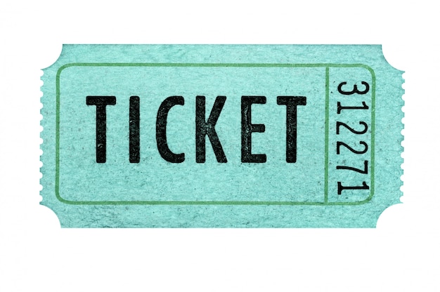 Vecchio biglietto di ammissione verde isolato su uno sfondo bianco.