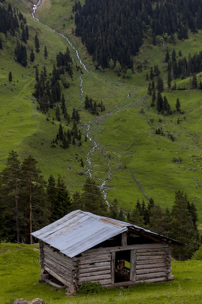 Vecchio fienile in legno circondato da boschi e rocce con il fiume