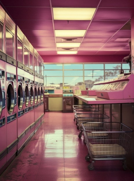 Vedere all'interno di una lavanderia automatica con arredamento vintage e lavatrici