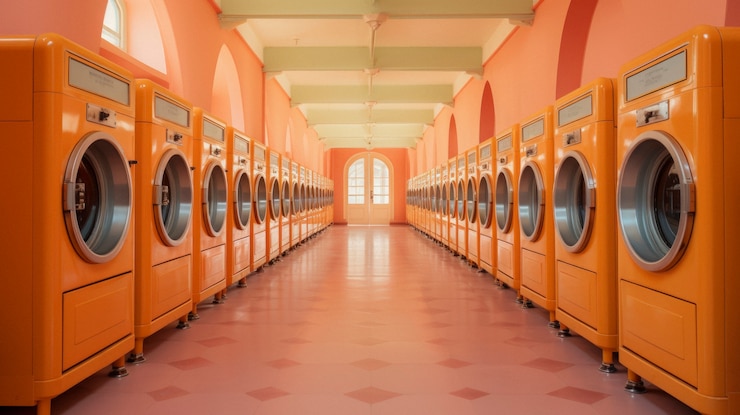 Foto gratuito vedere all'interno di una lavanderia con decorazioni d'epoca e lavatrici