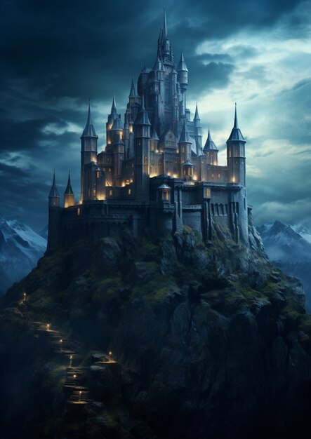 Veduta del castello di notte con un'atmosfera spaventosa