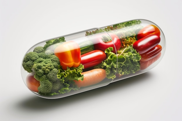 Veduta di cibo sano racchiuso in un contenitore a forma di pillola