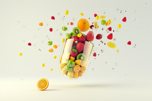 Veduta di cibo sano racchiuso in un contenitore a forma di pillola