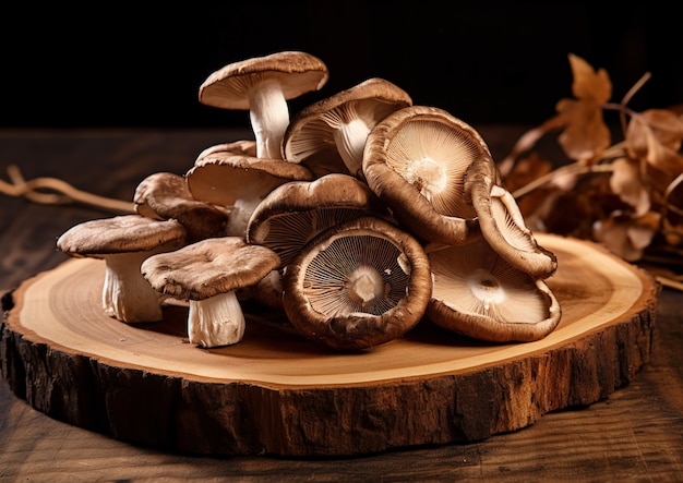 Veduta di funghi su una tavola di legno sul tronco di un albero