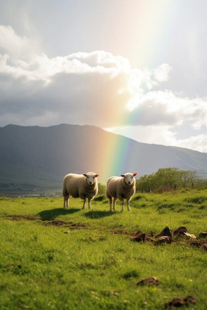 Veduta di pecore che pascolano all'aperto in natura