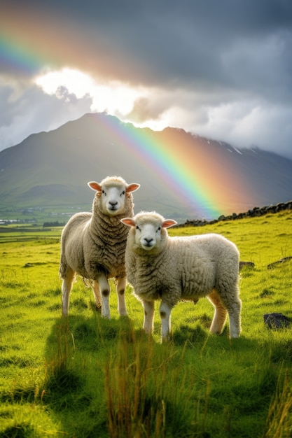 Veduta di pecore che pascolano all'aperto in natura