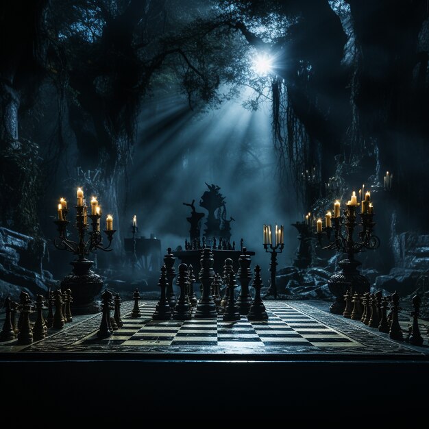 Veduta di pezzi degli scacchi drammatici con un'atmosfera misteriosa e mistica
