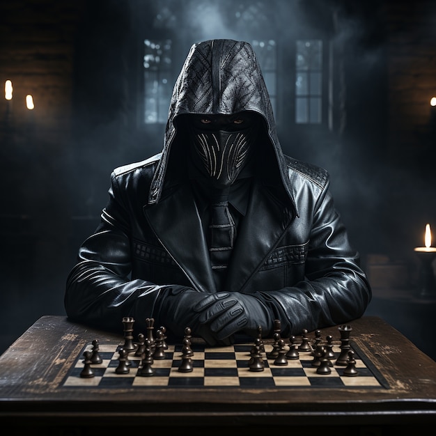 Veduta di pezzi degli scacchi drammatici con un'atmosfera misteriosa e mistica