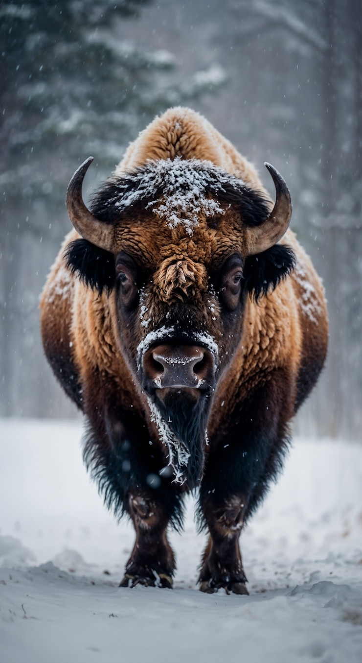 Foto gratuito veduta di un bisonte selvaggio nel suo habitat durante un giorno d'inverno