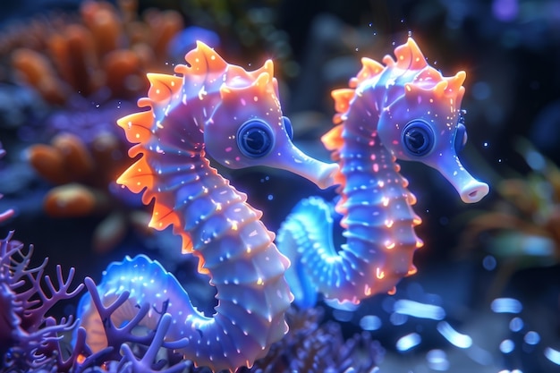 Veduta di un cavallo di mare con una fantastica illuminazione al neon