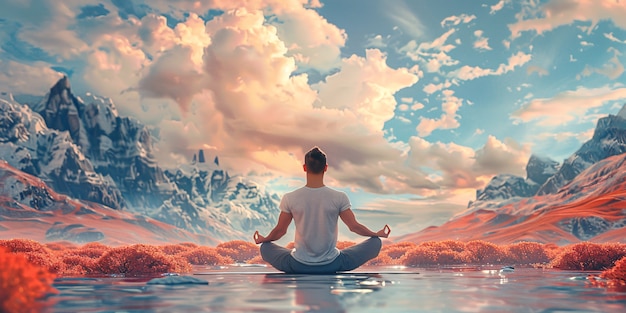 Veduta di un uomo che pratica mindfulness e yoga in un ambiente immaginario
