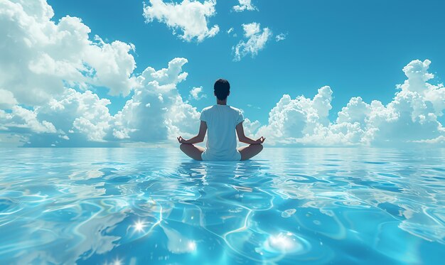 Veduta di un uomo che pratica mindfulness e yoga in un ambiente immaginario