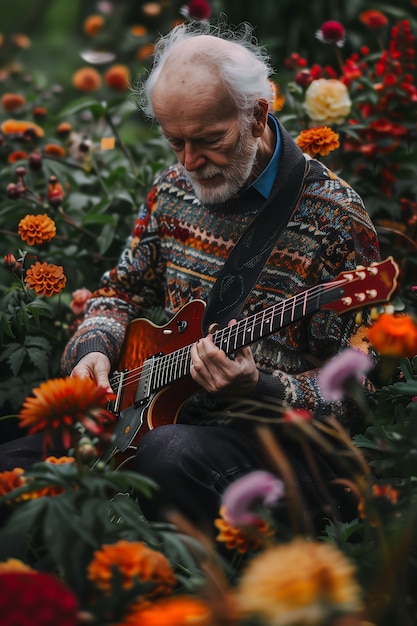 Veduta di un uomo che suona la chitarra elettrica