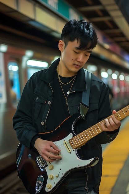 Veduta di un uomo che suona la chitarra elettrica