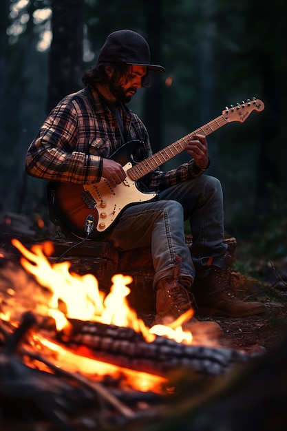 Veduta di un uomo che suona la chitarra elettrica